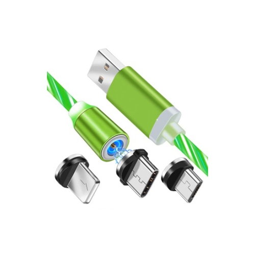 Кабел за зареждане Techsuit 3in1, LED Flowing Magnetic, USB към Type-C, Lightning, Micro USB, 1m, Зелен