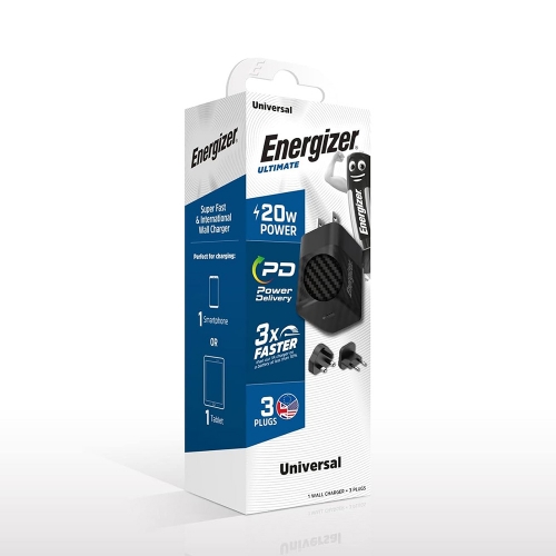 Зарядно устройство Energizer A20MU, USB-C, EU, UK, US, 20W, Черен