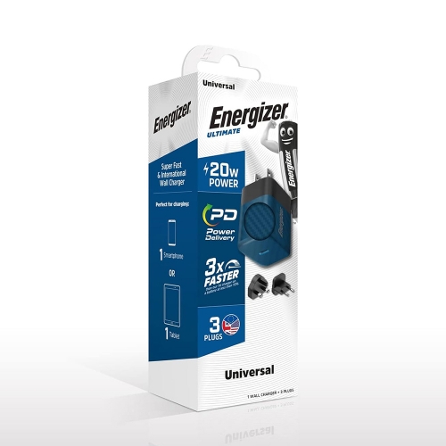 Зарядно устройство Energizer A20MU, USB-C, EU, UK, US, 20W, Син