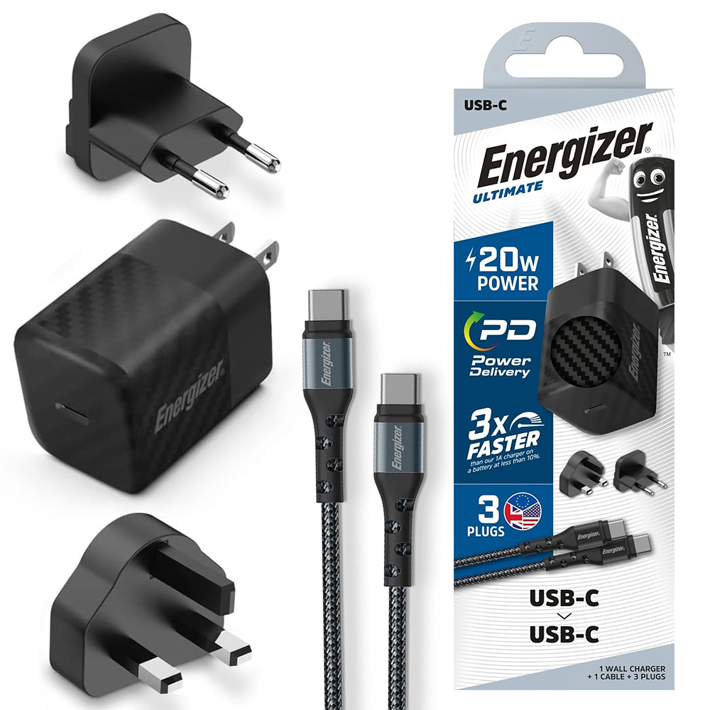 Зарядно устройство Energizer A20MU, USB-C, EU, UK, US, 20W, кабел Type C към Type C, Черен
