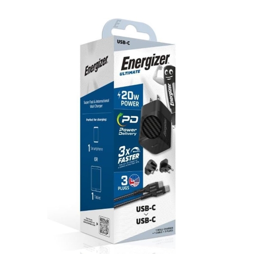 Зарядно устройство Energizer A20MU, USB-C, EU, UK, US, 20W, кабел Type C към Type C, Черен