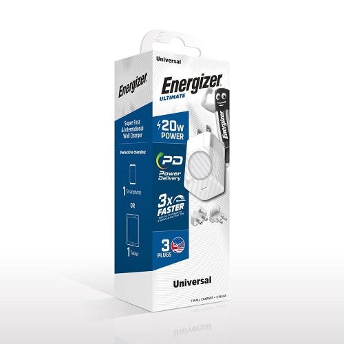 Зарядно устройство Energizer A20MU, USB-C, EU, UK, US, 20W, Бял