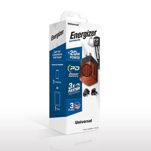 Зарядно устройство Energizer A20MU, USB-C, EU, UK, US, 20W, Дърво