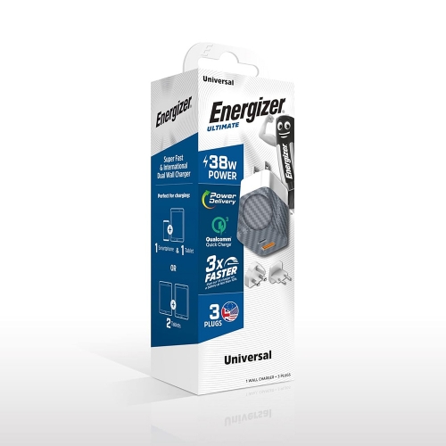 Зарядно устройство Energizer A38QMU, USB-C, USB, EU, UK, US, QC3.0, 38W, Сребрист