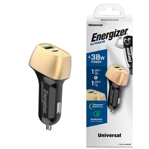 Зарядно за кола Energizer D38BG, USB, USB-C, 38W, QC3.0, Черен-златист