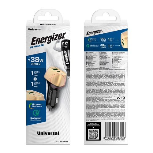 Зарядно за кола Energizer D38BG, USB, USB-C, 38W, QC3.0, Черен-златист