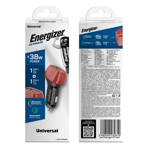 Зарядно за кола Energizer D38BG, USB, USB-C, 38W, QC3.0, Дърво