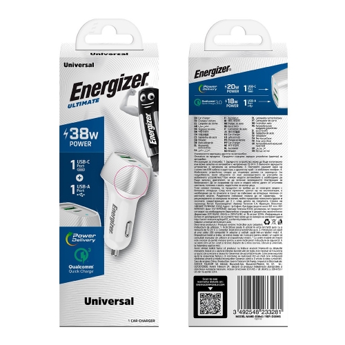 Зарядно за кола Energizer D38BG, USB, USB-C, 38W, QC3.0, Сребрист