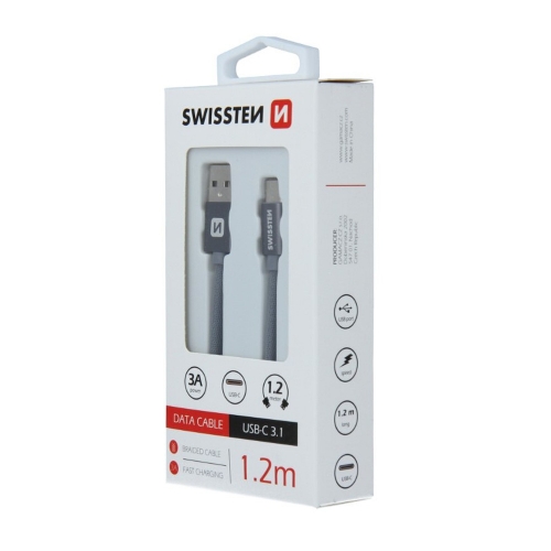 Кабел SWISSTEN TEXTILE, USB към USB-C, 1.2 M, Сив