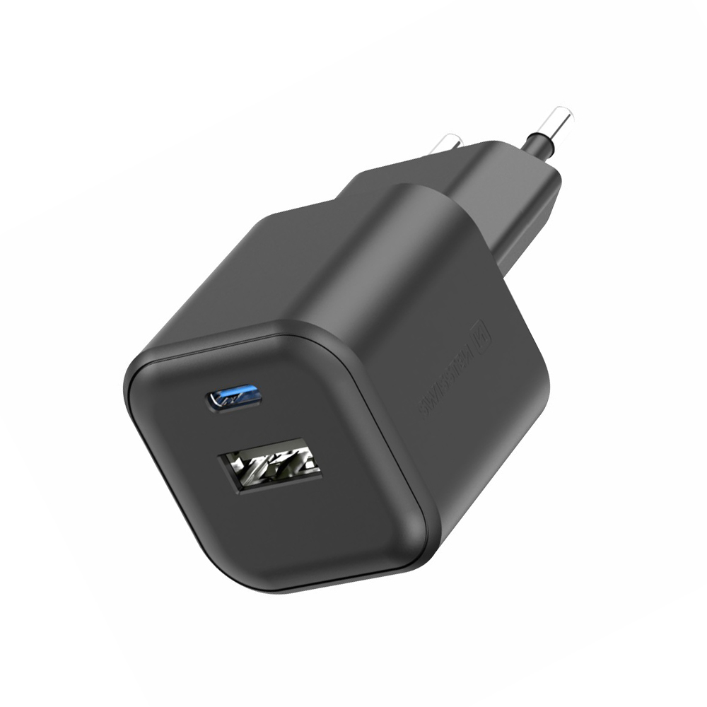 Зарядно Swissten GaN, 1xUSB-C 35W,1xUSB-A 27W, Черен