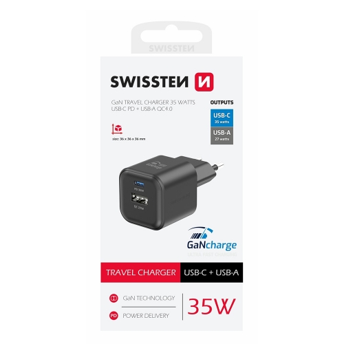 Зарядно Swissten GaN, 1xUSB-C 35W,1xUSB-A 27W, Черен
