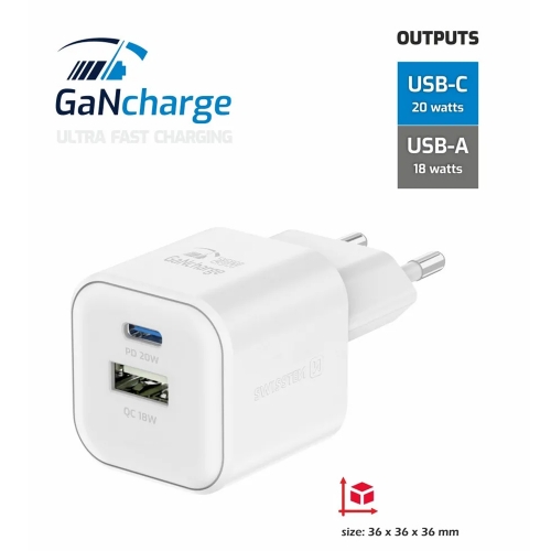 Зарядно Swissten GaN 1xUSB-C 20W, 1xUSB-A 18W, Бял