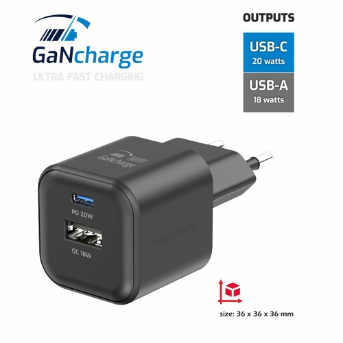Зарядно Swissten GaN 1xUSB-C 20W, 1xUSB-A 18W, Черен