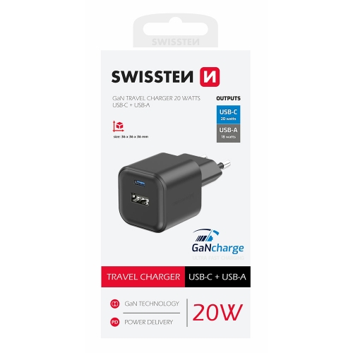 Зарядно Swissten GaN 1xUSB-C 20W, 1xUSB-A 18W, Черен