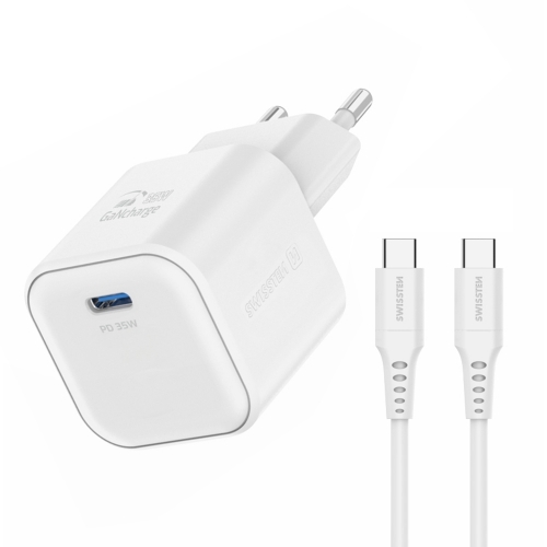Зарядно Swissten GaN 1xUSB-C 35W, кабел USB-C към USB-C 1.2 M, Бял
