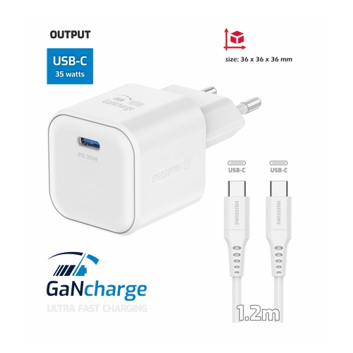 Зарядно Swissten GaN 1xUSB-C 35W, кабел USB-C към USB-C 1.2 M, Бял