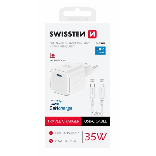 Зарядно Swissten GaN 1xUSB-C 35W, кабел USB-C към USB-C 1.2 M, Бял