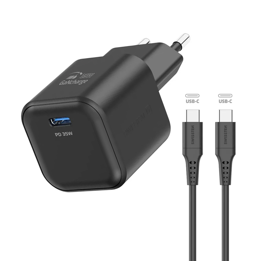 Зарядно Swissten GaN 1xUSB-C 35W, кабел USB-C към USB-C 1.2 M, Черен