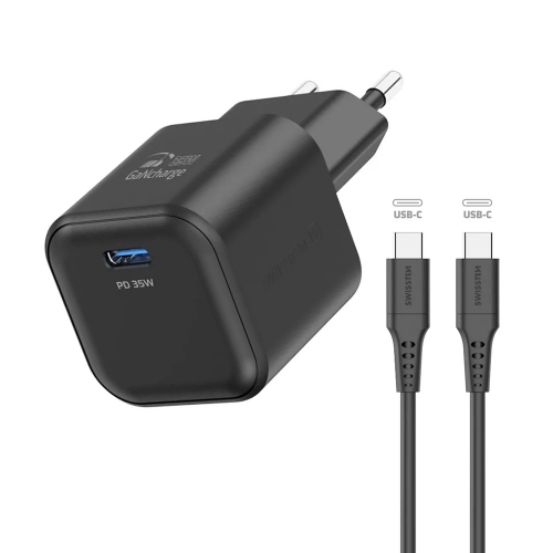 Зарядно Swissten GaN 1xUSB-C 35W, кабел USB-C към USB-C 1.2 M, Черен