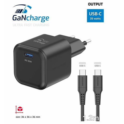 Зарядно Swissten GaN 1xUSB-C 35W, кабел USB-C към USB-C 1.2 M, Черен