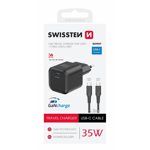 Зарядно Swissten GaN 1xUSB-C 35W, кабел USB-C към USB-C 1.2 M, Черен