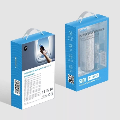Универсална външна батерия VEGER W0573 PlugOn, 5000mah, Type C, PD, 12W, Сребрист