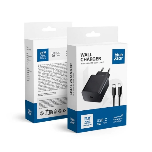Зарядно 220V, Blue Star, USB C, с кабел USB-C към USB-C, 3A, 20W, PD, QC 4.0 function