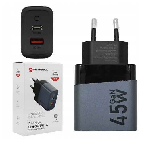 Зарядно 220v, Forcell F-Energy, GaN, USB C, USB A, 4A, 45W, PD 4.0, Графит