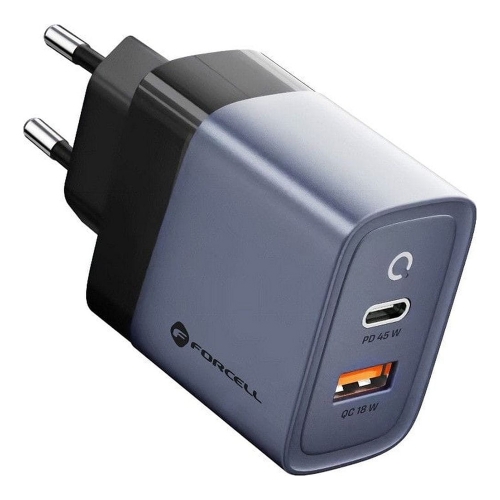 Зарядно 220v, Forcell F-Energy, GaN, USB C, USB A, 4A, 45W, PD 4.0, Графит