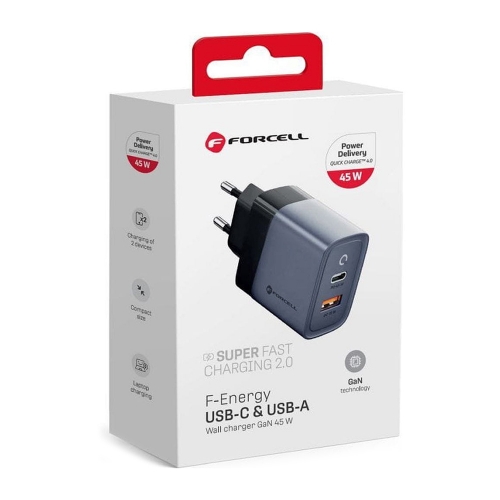 Зарядно 220v, Forcell F-Energy, GaN, USB C, USB A, 4A, 45W, PD 4.0, Графит