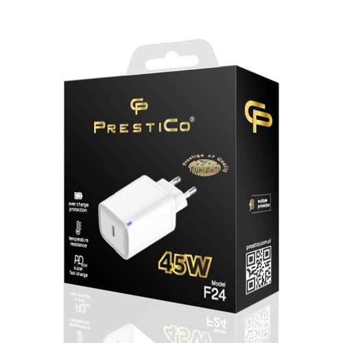 Зарядно 220V Prestico F24, USB-C, 45W, PD, Бял
