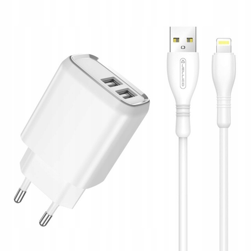 Мрежово Зарядно JELLICO A51, 220V, 2.4A, 2xUSB, с кабел Lightning, Бял