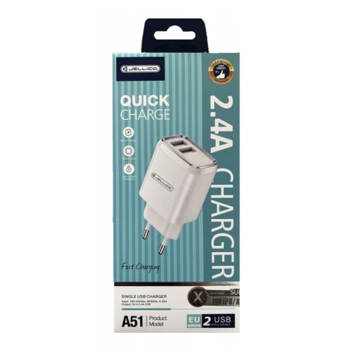 Мрежово Зарядно JELLICO A51, 220V, 2.4A, 2xUSB, с кабел Lightning, Бял