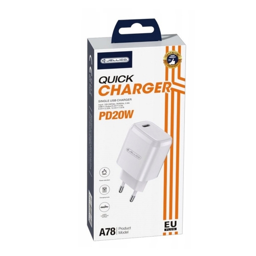 Мрежово Зарядно JELLICO A78, 220V, 20W, PD, USB-C, Бял
