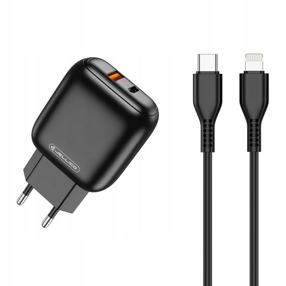 Зарядно с кабел JELLICO C31,220V, 20W, PD, USB-C и USB 3.0, с кабел USB-C към Lightning, Черен