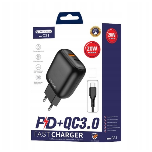 Зарядно с кабел JELLICO C31,220V, 20W, PD, USB-C и USB 3.0, с кабел USB-C към Lightning, Черен