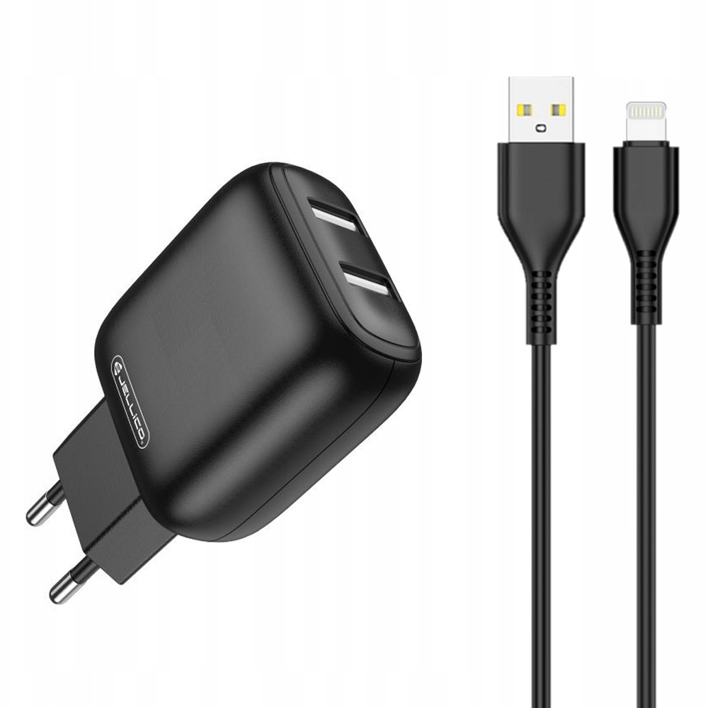 Мрежово Зарядно JELLICO C33, 220V, 2.4A, 2 x USB, с кабел Lightning, Черен
