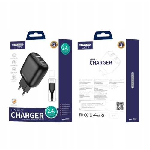 Мрежово Зарядно JELLICO C33, 220V, 2.4A, 2 x USB, с кабел Lightning, Черен