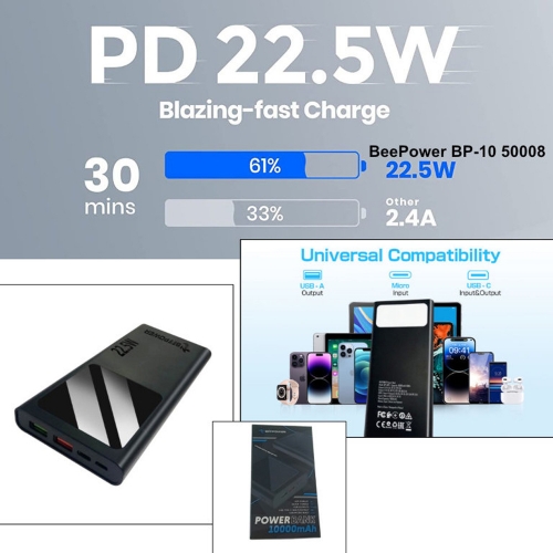 Универсална външна батерия BeePower BP-10PD, 10000mAh, 22.5W, USB-C, 2 x USB 3.0, Черен