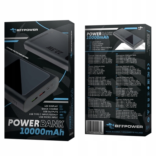 Универсална външна батерия BeePower BP-10PD, 10000mAh, 22.5W, USB-C, 2 x USB 3.0, Черен