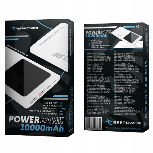 Универсална външна батерия BeePower BP-10PD, 10000mAh, 22.5W, USB-C, 2 x USB 3.0, Бял