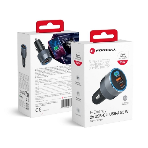Зарядно за кола Forcell F-Energy, 12V, 85W, PD, QC4.0, 2xUSB C, USB-A, Черен