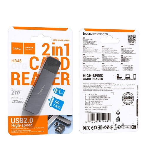 Четец за карти HOCO HB45, 2 in 1, USB A 2.0, Сив