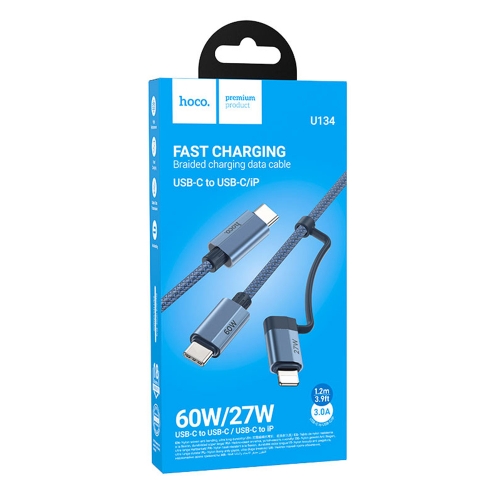 Кабел HOCO U134, 2 in 1, USB-C към USB-C и Lightning, 1.2m, Тъмно син
