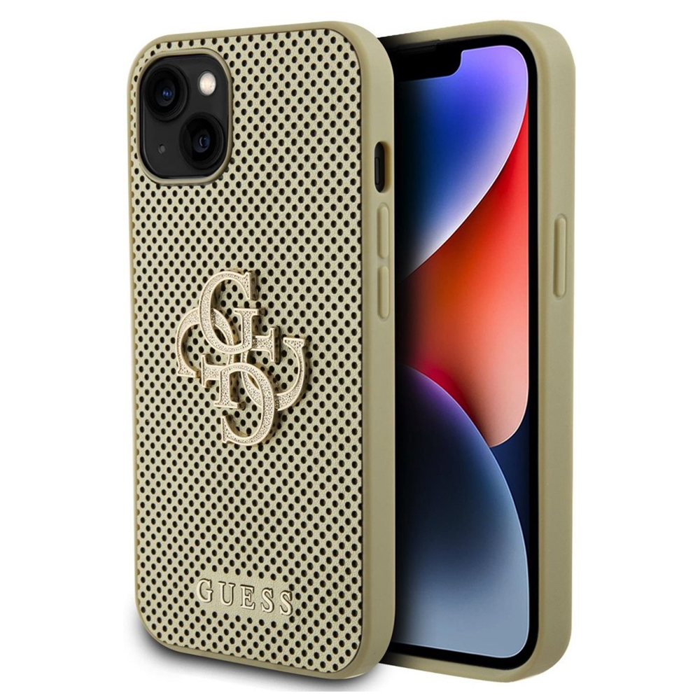 Калъф GUESS, PU Perforated 4G Glitter Metal Logo за iPhone 15, GUHCP15SPSP4LGD, Златист