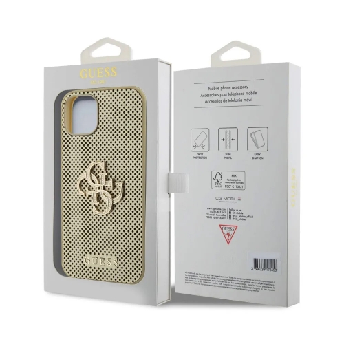 Калъф GUESS, PU Perforated 4G Glitter Metal Logo за iPhone 15, GUHCP15SPSP4LGD, Златист