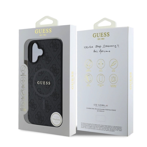 Калъф GUESS, PU Leather Colored Ring MagSafe за iPhone 16, GUHMP16SG4GFRK, Черен