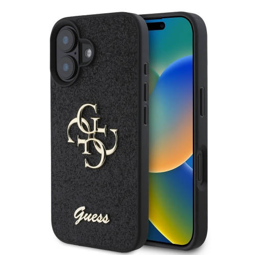 Калъф GUESS, PU Fixed Glitter 4G Metal Logo за iPhone 16, GUHCP16SHG4SGK, Черен