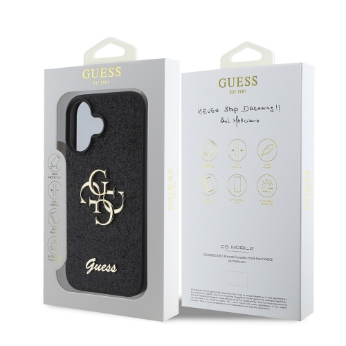 Калъф GUESS, PU Fixed Glitter 4G Metal Logo за iPhone 16, GUHCP16SHG4SGK, Черен