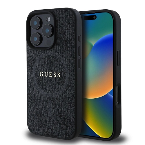 Калъф GUESS, PU Leather Colored Ring MagSafe за iPhone 16 Pro, GUHMP16LG4GFRK, Черен